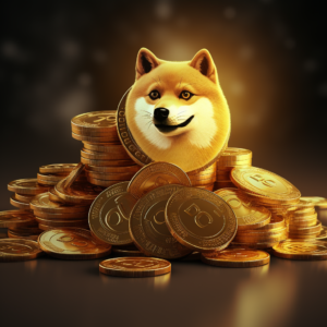 głowa piesła otoczona monetami dogecoin