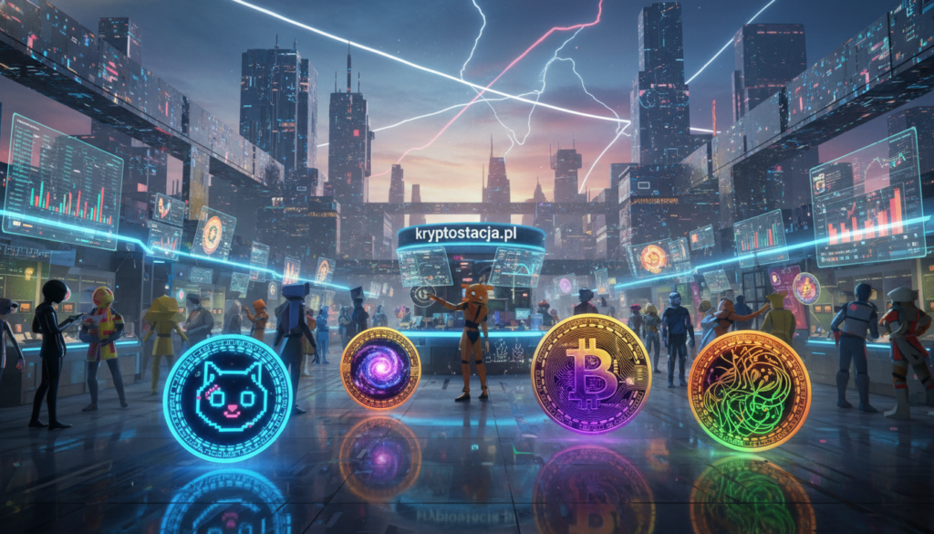 A vibrant, surreal landscape depicting the phenomenon of strange digital currencies. In the foreground, an eclectic array of bizarre cryptocurrencies represented as oversized coins with unique, whimsical designs, glowing with neon colors. The middle ground features a futuristic marketplace full of animated digital avatars engaging in trade, showcasing various cryptocurrencies on holographic displays. The background consists of a city skyline transformed by technology, with buildings made of circuitry and blockchain patterns illuminated against a twilight sky. The atmosphere is filled with energetic excitement and curiosity, highlighted by ethereal lighting that casts an otherworldly glow over the scene. Capture this vision to illustrate the essence of "fenomen dziwnych walut w świecie cyfrowym" as part of the exploration of innovative crypto projects. Include the brand name "kryptostacja.pl" subtly within the design, enhancing the theme without distracting from the visual focus.