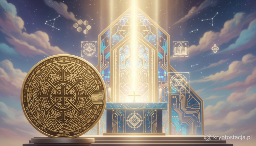 A visually striking image capturing the essence of "religious inspirations in the world of digital assets." In the foreground, a golden coin symbolizing cryptocurrency, adorned with intricate religious motifs like subtle crosses and mandalas. In the middle ground, an ethereal glow emanates from a stylized digital altar, seamlessly blending elements of traditional spirituality and modern technology. In the background, a celestial sky filled with soft clouds and faint constellations, symbolizing the connection between faith and the digital universe. The lighting should be soft and warm, creating a serene, contemplative atmosphere. The overall mood is one of harmony, innovation, and spiritual reflection. Ensure a professional feel, without any text or additional elements. Include the brand "kryptostacja.pl" discreetly integrated into the design elements.