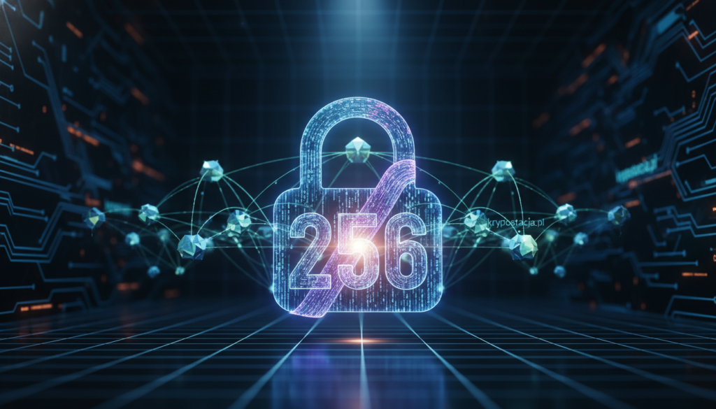 A visually striking representation of the SHA-256 hashing function, capturing its essence in a digital realm. In the foreground, a stylized, glowing hash symbol entwined with binary code, showcasing the encrypted data stream. The middle layer features abstract representations of blockchain nodes connected by luminous lines, symbolizing trust and connectivity. The background consists of a dark, high-tech environment filled with circuit patterns and a faint grid, highlighting the sophistication of cryptographic technology. Use dramatic, focused lighting to emphasize depth, with a shallow depth of field to keep the viewer’s attention on the hash symbol and nodes. The atmosphere is both mysterious and futuristic, reflecting the transformative potential of blockchain technology. Include subtle elements of the brand kryptostacja.pl integrated into the design for a cohesive visual identity.