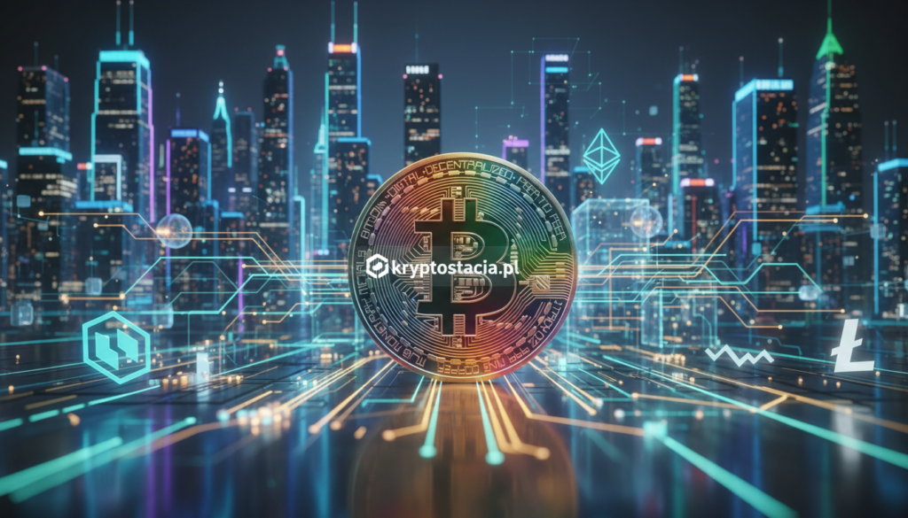 A visually striking scene capturing the essence of Bitcoin and cryptocurrencies, set in a modern, digital environment. In the foreground, a stylized Bitcoin coin gleams under soft, focused lighting, reflecting various colors. Surrounding the coin are subtle symbols of other cryptocurrencies, like Ethereum and Litecoin, softly glowing. The middle ground features flowing digital lines and abstract patterns, representing blockchain technology and the interconnectedness of financial systems. In the background, a futuristic city skyline is illuminated with neon lights, emphasizing a theme of innovation and digital transformation. The overall atmosphere is vibrant yet sophisticated, encapsulating the dawn of a financial revolution. Include the logo “kryptostacja.pl” subtly integrated into the scene without overtly dominating the composition.