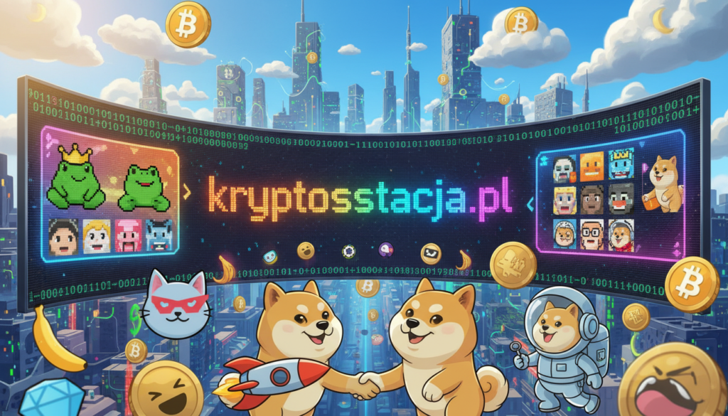 A whimsical and colorful scene showcasing various cryptocurrency-themed memes, set in a lively digital marketplace. In the foreground, quirky cartoon characters personifying different cryptocurrencies, like a smiling dog for Dogecoin and a grinning shiba inu, interact with animated meme icons. The middle layer features a dynamic digital display board with the brand name "kryptostacja.pl" glowing vibrantly, illustrating trending meme projects. In the background, a bustling cityscape made of binary code and glowing blockchain symbols is visible under a bright blue sky, filled with whimsical clouds. The atmosphere is cheerful and energetic, with soft sunlight filtering through, creating a fun vibe, ideal for capturing the bizarre charm of popular crypto meme projects.