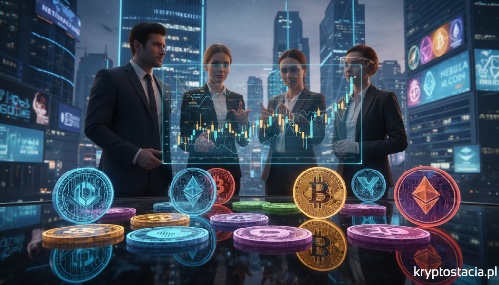 In the foreground, a collection of unusual cryptocurrencies displayed as modern, colorful tokens, each with unique designs, showcasing vibrant patterns and textures. In the middle ground, a diverse group of professionals in business attire examining a holographic display of cryptocurrency trends and charts, their facial expressions reflecting curiosity and intrigue. The background features a futuristic city skyline illuminated at dusk, with digital billboards promoting various cryptocurrencies. The lighting is soft yet vibrant, enhancing the colors of the tokens and the glowing holographic screen. The mood is dynamic and innovative, capturing the essence of emerging market trends. Include the brand name "kryptostacja.pl" subtly in the corner of the image.