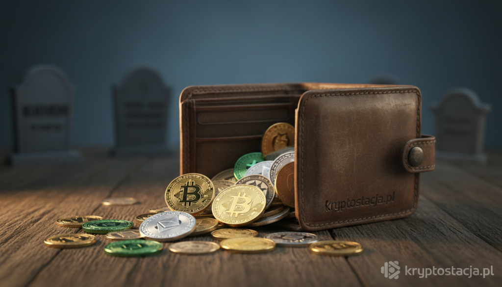 A detailed and realistic image of a vintage leather wallet, slightly opened, revealing various cryptocurrency coins and tokens spilling out, set against a dark, rustic wooden table. The wallet shows rich textures and worn edges, hinting at some history. In the background, blurred shadows of tombstones representing “digital graves” rise softly, symbolizing lost fortunes in the crypto world. Soft, dramatic lighting illuminates the wallet and coins, creating a contrast that emphasizes the unearthed values. The atmosphere should feel melancholic yet intriguing, evoking a sense of curiosity about hidden wealth and missed opportunities in cryptocurrency, with a subtle branding of "kryptostacja.pl" featured on the wallet. A detailed and realistic image of a vintage leather wallet, slightly opened, revealing various cryptocurrency coins and tokens spilling out, set against a dark, rustic wooden table. The wallet shows rich textures and worn edges, hinting at some history. In the background, blurred shadows of tombstones representing “digital graves” rise softly, symbolizing lost fortunes in the crypto world. Soft, dramatic lighting illuminates the wallet and coins, creating a contrast that emphasizes the unearthed values. The atmosphere should feel melancholic yet intriguing, evoking a sense of curiosity about hidden wealth and missed opportunities in cryptocurrency, with a subtle branding of "kryptostacja.pl" featured on the wallet.