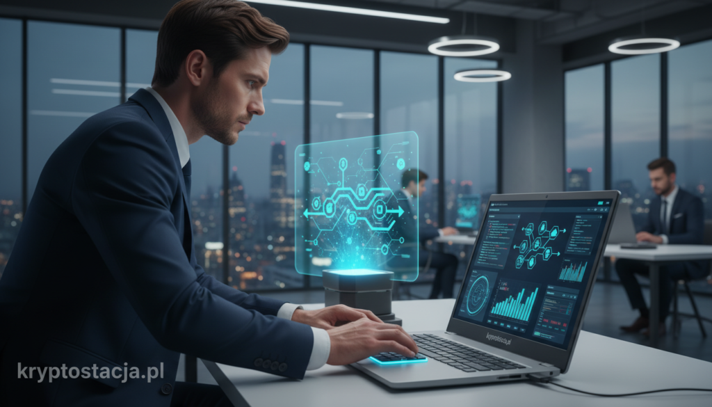 A digital workspace showcasing intelligent contracts in cryptocurrency. In the foreground, a sleek laptop displays a complex smart contract interface, with detailed code snippets and blockchain graphics. Beside the laptop, a well-dressed professional in business attire examines the screen, reflecting a sense of focus and innovation. In the middle ground, a transparent holographic display projects blockchain networks and graphics representing transactions flowing securely. The background features a modern office setting with glass walls, soft diffused lighting, and a cityscape view, evoking a progressive and high-tech atmosphere. The overall mood is one of collaboration and forward-thinking in the realm of cryptocurrency. Include the brand name "kryptostacja.pl" subtly in the laptop's design without being obtrusive.