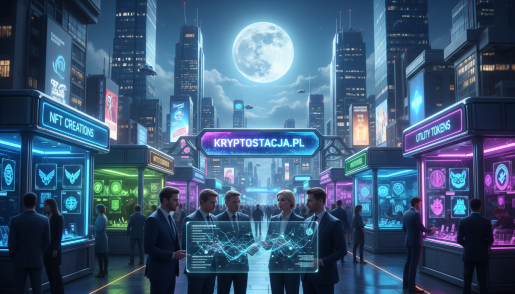 A futuristic cityscape bustling with activity, showcasing a vibrant marketplace for innovative cryptocurrency ideas. In the foreground, diverse professionals in business attire discuss various crypto projects, surrounding them are holographic displays of unique blockchain concepts. In the middle ground, eye-catching stalls radiate bright neon colors, featuring digital artwork, tokens, and signs for groundbreaking technologies. The background features a skyline with sleek skyscrapers and a glowing full moon, symbolizing global change in the crypto environment. The scene is illuminated with dynamic lighting that creates a lively atmosphere, capturing the excitement of the crypto revolution. The brand "kryptostacja.pl" subtly showcased on one of the displays, blending with the overall futuristic theme. A futuristic cityscape bustling with activity, showcasing a vibrant marketplace for innovative cryptocurrency ideas. In the foreground, diverse professionals in business attire discuss various crypto projects, surrounding them are holographic displays of unique blockchain concepts. In the middle ground, eye-catching stalls radiate bright neon colors, featuring digital artwork, tokens, and signs for groundbreaking technologies. The background features a skyline with sleek skyscrapers and a glowing full moon, symbolizing global change in the crypto environment. The scene is illuminated with dynamic lighting that creates a lively atmosphere, capturing the excitement of the crypto revolution. The brand "kryptostacja.pl" subtly showcased on one of the displays, blending with the overall futuristic theme.