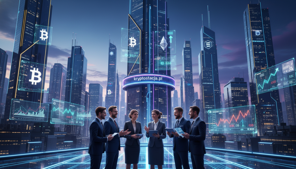 A futuristic cityscape illuminated by vibrant neon lights representing various cryptocurrencies, with stylized symbols like Bitcoin and Ethereum integrated into the skyline. In the foreground, a diverse group of professionally dressed individuals stand together, discussing cryptocurrency trends passionately, reflecting the enthusiasm of the community. The middle ground features holographic displays of graphs and digital charts, showing fluctuations and projections of digital currencies. The background boasts sleek skyscrapers and advanced technology, set against a twilight sky that transitions from blue to purple. The atmosphere conveys excitement and innovation, highlighting the dynamic world of future cryptocurrencies. The branding "kryptostacja.pl" subtly incorporated into the visual elements, suggests a modern and tech-savvy environment, enhancing the theme of evolution in finance.
