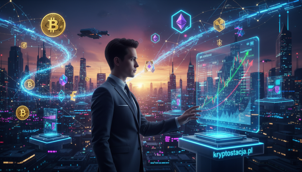 A futuristic digital landscape representing cryptocurrencies, focusing on a glowing blockchain network visually intertwined with various digital coins like Bitcoin, Ethereum, and others. In the foreground, display a sleek, professional-looking person in business attire examining a holographic chart showcasing financial trends, symbolizing the changing world of finance. In the middle ground, prominent digital wallets and smart devices demonstrate the accessibility of cryptocurrencies. The background features a city skyline at sunset with vibrant neon lights, creating a dynamic and optimistic atmosphere, highlighting innovation. The lighting should be dramatic yet inviting, emphasizing the electrifying energy of the crypto world. Include the brand name "kryptostacja.pl" subtly integrated into the scene, ensuring no text overlays are visible.