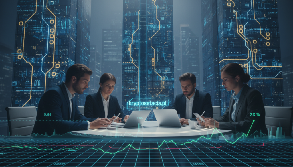 A futuristic digital landscape representing "stablecoin sankcji," with a crystal-clear foreground featuring a sleek, modern financial chart depicting fluctuating stablecoin values. In the middle, a group of diverse, professional individuals in business attire are engaged in a serious discussion, analyzing data on tablets and laptops, symbolizing the regulatory challenges and profitability struggles of stablecoins. The background features a high-tech city skyline with glowing blockchain patterns projected onto skyscrapers, creating an atmosphere of urgency and innovation. Soft, ambient lighting adds a sense of depth, while contrasting sharp shadows emphasize the complex narratives of cryptocurrency regulations. The overall mood is focused and intense, reflecting the dynamic world of crypto finance. Incorporate the brand name "kryptostacja.pl" subtly in the design. A futuristic digital landscape representing "stablecoin sankcji," with a crystal-clear foreground featuring a sleek, modern financial chart depicting fluctuating stablecoin values. In the middle, a group of diverse, professional individuals in business attire are engaged in a serious discussion, analyzing data on tablets and laptops, symbolizing the regulatory challenges and profitability struggles of stablecoins. The background features a high-tech city skyline with glowing blockchain patterns projected onto skyscrapers, creating an atmosphere of urgency and innovation. Soft, ambient lighting adds a sense of depth, while contrasting sharp shadows emphasize the complex narratives of cryptocurrency regulations. The overall mood is focused and intense, reflecting the dynamic world of crypto finance. Incorporate the brand name "kryptostacja.pl" subtly in the design.