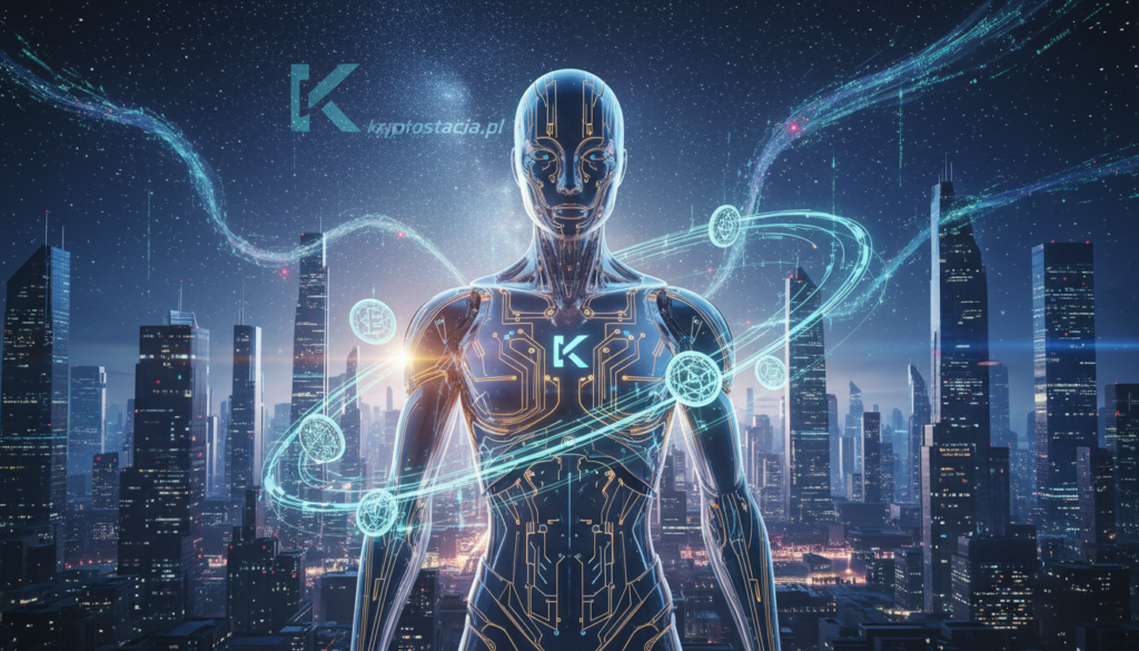 A futuristic representation of artificial intelligence personified as a sophisticated humanoid robot, elegantly designed with intricate circuits and soft glowing lights. In the foreground, the AI stands confidently, its metallic skin reflecting subtle light. In the middle ground, digital coins shaped like unique geometric designs hover around the robot, symbolizing innovative digital currencies. The background features a sleek, modern cityscape, illuminated by neon lights, with a night sky filled with stars and digital data streams flowing gently. The overall atmosphere is vibrant and optimistic, conveying a sense of technological advancement and possibility. The brand name "kryptostacja.pl" subtly integrated into the design but not as text. Soft, ambient lighting enhances the scene, with a slight lens flare effect from the futuristic city lights.