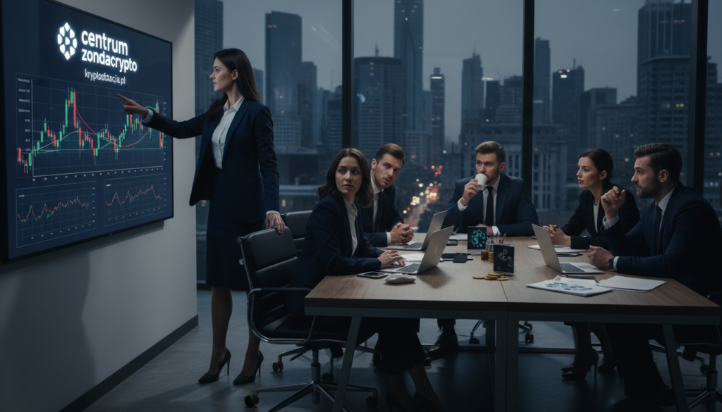A modern and sleek office environment featuring a diverse group of professionals in business attire engaged in an intense discussion about cryptocurrency. In the foreground, a confident woman points towards a large digital screen displaying intricate charts and the logo "centrum zondacrypto". The middle ground showcases a stylish conference table with laptops and crypto-related materials scattered around. In the background, large windows reveal a bustling cityscape, illuminated by soft, moody evening light, emphasizing the atmosphere of urgency and intrigue. The overall mood is intense yet professional, with shadows casting dramatic shapes. The image conveys a sense of controversy and excitement surrounding the cryptocurrency world, with subtle hints of tension. The trademark "kryptostacja.pl" subtly appears on the digital screen, enhancing the professional setting.