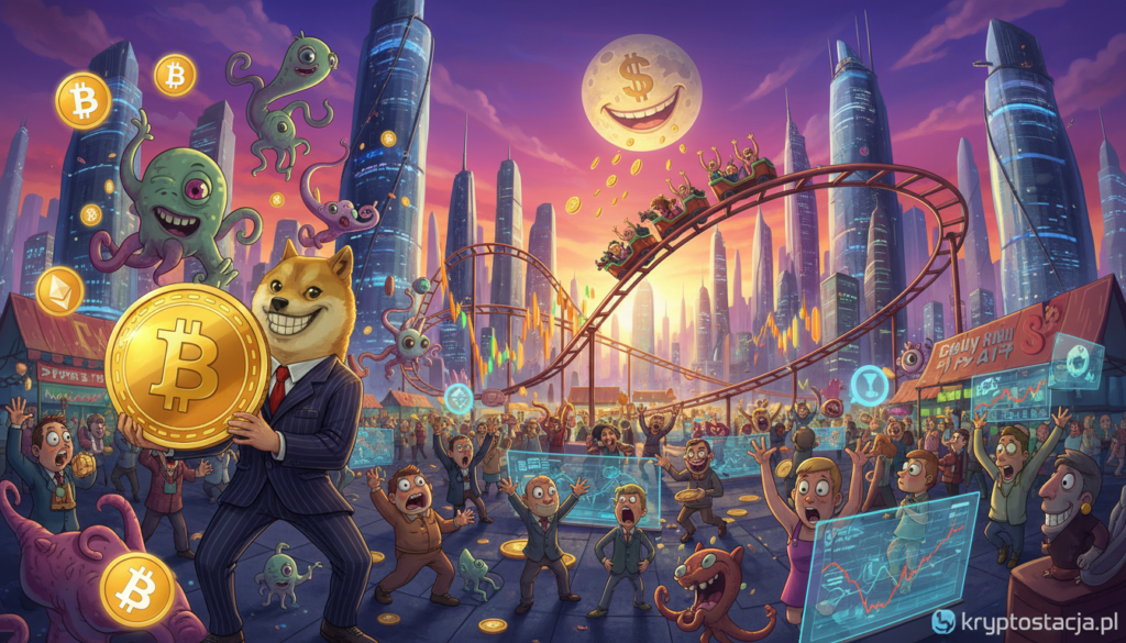 A surreal digital art piece depicting absurd stories in the cryptocurrency world. In the foreground, a whimsical character dressed in professional business attire, holding a giant meme coin, surrounded by floating cryptocurrency symbols that morph into strange creatures. In the middle, a chaotic marketplace scene with traders reacting dramatically to unexpected price fluctuations, while bizarre fantasy elements like a rollercoaster made of Bitcoin curves weave between them. The background features a skyline of futuristic city buildings under a vibrant sunset, casting dynamic shadows and vivid colors that enhance the chaos. The mood is energetic and humorous, with a touch of surrealism. Captured with a wide-angle lens, emphasizing the contrast between the foreground and ethereal atmosphere. Include a subtle watermark with "kryptostacja.pl" at the bottom corner. A surreal digital art piece depicting absurd stories in the cryptocurrency world. In the foreground, a whimsical character dressed in professional business attire, holding a giant meme coin, surrounded by floating cryptocurrency symbols that morph into strange creatures. In the middle, a chaotic marketplace scene with traders reacting dramatically to unexpected price fluctuations, while bizarre fantasy elements like a rollercoaster made of Bitcoin curves weave between them. The background features a skyline of futuristic city buildings under a vibrant sunset, casting dynamic shadows and vivid colors that enhance the chaos. The mood is energetic and humorous, with a touch of surrealism. Captured with a wide-angle lens, emphasizing the contrast between the foreground and ethereal atmosphere. Include a subtle watermark with "kryptostacja.pl" at the bottom corner.