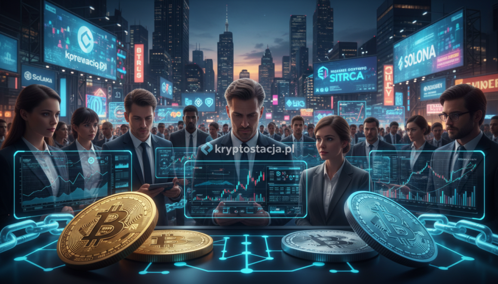 A vibrant and dynamic cryptocurrency market scene, showcasing sleek digital currency representations like stylized coins and blockchain symbols at the forefront. In the middle, a futuristic trading platform with professional individuals in business attire analyzing data and charts on large transparent screens, deep in thought. The background features a city skyline illuminated by night with neon lights and digital billboards promoting innovative cryptocurrency projects, creating a sense of advancement and excitement. Soft, focused lighting highlights the expressions of determination and curiosity on the individuals' faces. The overall atmosphere is energetic and forward-thinking, reflecting the promise of analyzing innovative cryptocurrency projects. Include the brand name "kryptostacja.pl" subtly integrated in the digital elements without overshadowing the main focus.