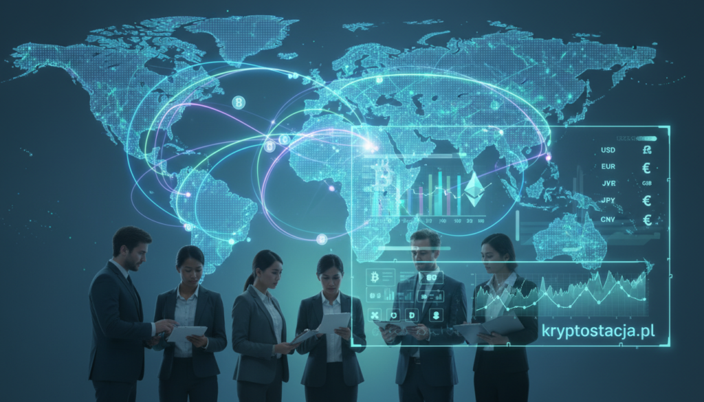 A visually striking and modern illustration representing "transborder cryptocurrency transactions." In the foreground, a diverse group of professionals in business attire is gathered around a sleek digital interface displaying various cryptocurrencies, with glowing graphs and world currencies. In the middle ground, abstract representations of global currency flows, using vibrant lines and arrows connecting different countries. The background features a stylized world map shimmering with digital connections and glowing nodes, symbolizing the speed and efficiency of cryptocurrency transactions across borders. The atmosphere is dynamic and futuristic, lit with a cool blue and green color palette, giving it an innovative feel. The scene should convey a sense of revolution and progress in financial technology. Brand name "kryptostacja.pl" subtly included in the design.