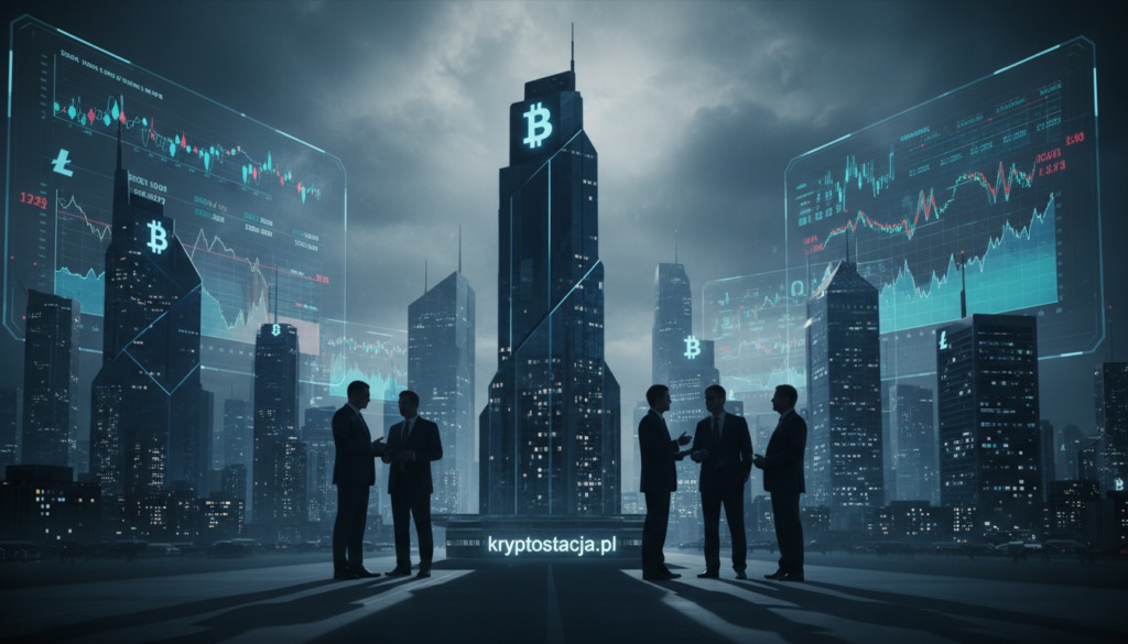 Create a captivating visual representation of the intricate relationship between cryptocurrency and political connections. In the foreground, depict a stylized, modern cityscape featuring skyscrapers adorned with digital currency symbols, giving a sense of technological advancement. In the middle ground, include silhouettes of politicians in sharp, professional attire engaged in a discussion, demonstrating their involvement in cryptocurrency affairs. The background should feature a dark, moody sky illuminated by digital screens displaying fluctuating cryptocurrency values, symbolizing market volatility. Use dramatic lighting to create strong contrasts and shadows, enhancing the atmosphere of mystery and intrigue. The overall mood should evoke tension and curiosity, reflecting the enigmatic nature of cryptocurrencies and their political ties. Include the brand name "kryptostacja.pl" subtly integrated into the cityscape.