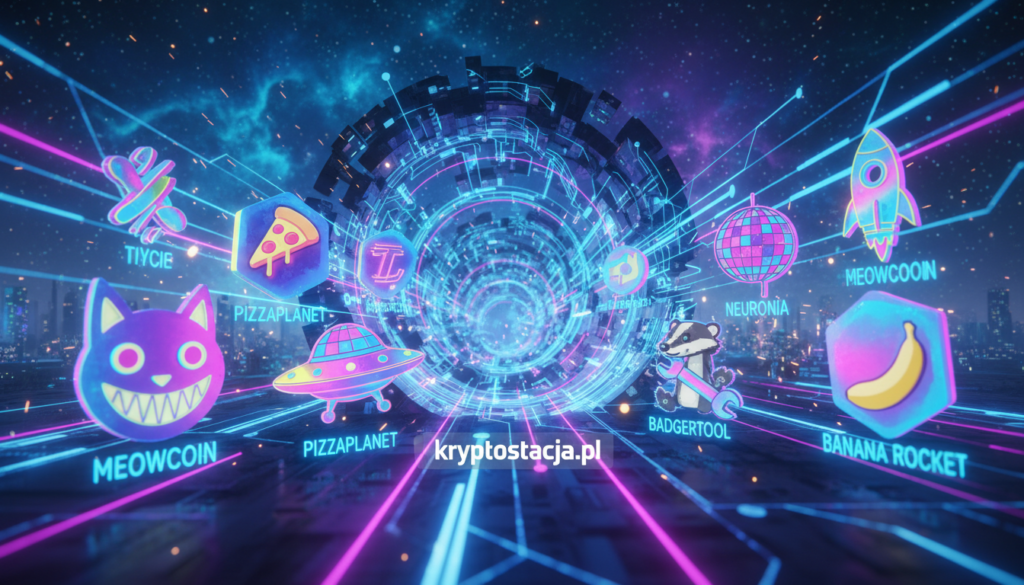 A colorful and dynamic representation of cryptocurrencies, featuring a variety of unusual cryptocurrency symbols and names hovering in a vibrant digital space. In the foreground, bold and whimsical icons of quirky cryptocurrencies gleam with unique designs, reflecting creativity and innovation. In the middle background, glowing circuit patterns and abstract blockchain technology elements swirl, creating a sense of depth and complexity. The overall atmosphere is energetic and futuristic, illuminated by soft, neon lighting casting a blue and purple hue. A sense of wonder and intrigue pervades the scene, embodying the phenomenon of strange cryptocurrency names in today's market. Include a subtle branding reference to "kryptostacja.pl."