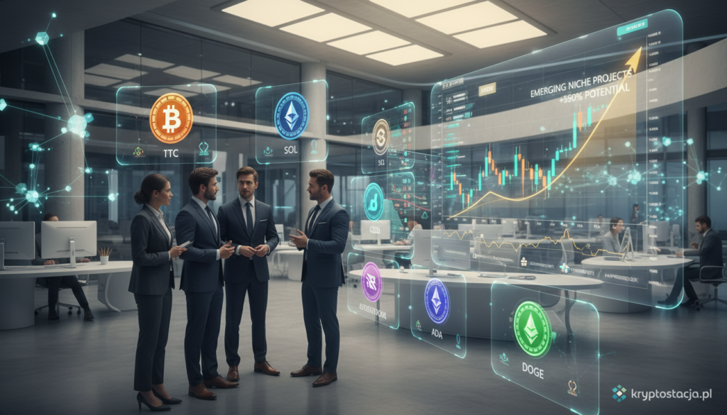 A vibrant cryptocurrency marketplace bustling with activity, showcasing an array of digital coins and tokens in colorful display. In the foreground, a diverse group of professionals in business attire discusses potential investment opportunities, their expressions focused and enthusiastic. In the middle, digital screens present charts and analytics, with eye-catching graphs highlighting emerging niche projects with significant potential. The background features a modern office environment with futuristic design, bright lighting creating a dynamic and optimistic atmosphere. The composition is shot from a slightly elevated angle, giving a comprehensive view of the market scene while emphasizing the potential for discovery and growth. The logo "kryptostacja.pl" is subtly integrated into the design elements of the marketplace, enhancing brand recognition.
