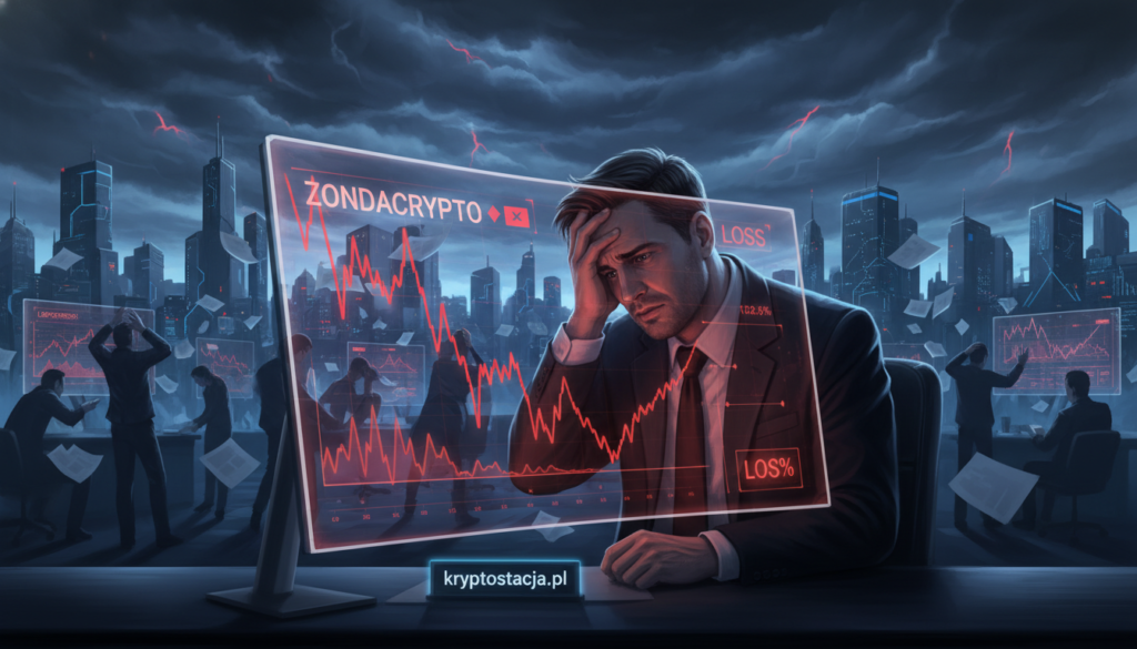A visually compelling illustration capturing the essence of Zondacrypto's exchange issues, with a focus on financial turmoil. Foreground features a distressed trader in professional business attire, gazing at a fluctuating cryptocurrency chart on a screen displaying red indicators. Middle ground includes a chaotic trading floor, with blurred figures of traders communicating anxiously and papers flying. Background features a digital skyline of a futuristic city, symbolizing the tech-driven nature of cryptocurrencies, with dark clouds overhead hinting at uncertainty. Use dramatic lighting to emphasize tension, with sharp contrasts creating shadows, evoking a moody atmosphere of crisis and confusion. The image should reflect the themes of caution and volatility, with a clean professional aesthetic, ensuring the brand name "kryptostacja.pl" is subtly integrated into the scene without distraction.