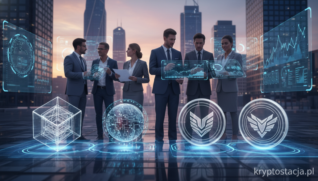 A visually striking representation of niche crypto projects, showcasing a futuristic digital landscape. In the foreground, an array of unique, visually appealing cryptocurrency tokens, each with distinct and intricate designs that suggest innovation and potential. The middle ground features a diverse group of professionals in business attire, actively discussing and analyzing these tokens, conveying the collaborative nature of niche projects. The background is a vibrant city skyline with holographic displays of blockchain data, illuminated by soft blue and purple lighting, creating a tech-savvy atmosphere. The scene is set during twilight, adding warmth and intrigue. Include the brand name "kryptostacja.pl" subtly in the corner, ensuring it blends harmoniously with the image. The overall mood is optimistic and forward-looking, emphasizing the untapped potential of niche crypto ventures.