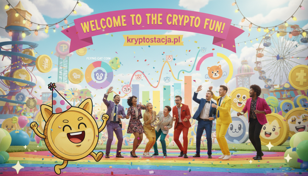 A whimsical and colorful representation of playful cryptocurrency projects, showcasing humorous coin designs and exaggerated features. In the foreground, a smiling cartoonish coin character dances, embellished with a vibrant party hat and confetti. Midground elements include a cheerful group of diverse people in business attire, joyfully discussing quirky coin ideas, surrounded by colorful charts and imaginative graphics. The background features a colorful carnival-like setting with oversized props like giant coins and playful banners, all under bright, cheerful lighting that evokes a fun atmosphere. The image should capture a lighthearted, festive spirit that embodies joy and creativity, while subtly incorporating the brand name "kryptostacja.pl" into one of the cartoon banners.