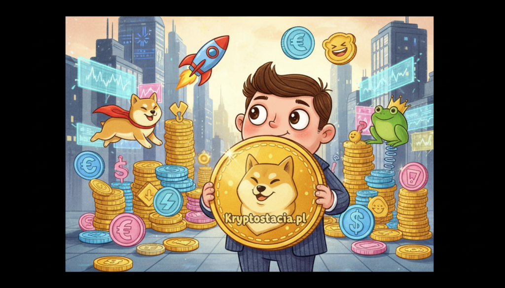 A whimsical, colorful illustration depicting a humorous yet serious portrayal of "meme cryptocurrency." In the foreground, a friendly cartoonish character, wearing a business suit, is enthusiastically holding a giant gold coin labeled "Kryptostacja.pl," surrounded by playful, exaggerated symbols of various cryptocurrencies. In the middle ground, stacks of vibrant coins and digital currency logos float around, showcasing their comedic aspects. The background features a bustling city skyline with skyscrapers made of shiny digital screens displaying fluctuating graphs, hinting at the financial market. Soft, warm lighting creates a lively, optimistic atmosphere, emphasizing the playful juxtaposition of humor and serious investment in this modern financial phenomenon.