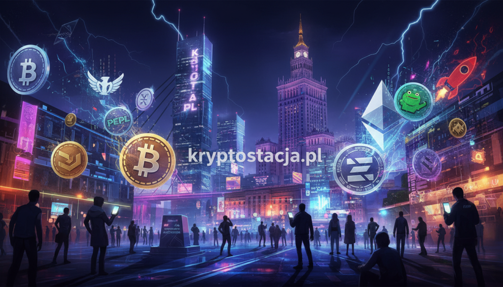 Dynamic illustration of the most controversial cryptocurrencies in the Polish market. In the foreground, display distinct cryptocurrency symbols and logos, such as Bitcoin, Ethereum, and lesser-known tokens, designed with a modern and digital aesthetic. The middle ground features a bustling urban landscape of Warsaw, with recognizable landmarks subtly blending into the background to indicate the Polish setting. Utilize dramatic lighting, casting deep shadows and bright highlights, to create a sense of intrigue and complexity. The atmosphere should evoke tension and excitement, capturing the volatile nature of these cryptocurrencies. Use a wide-angle perspective to provide depth and a sense of movement, allowing viewers to feel immersed in the dynamic financial landscape. Include the brand name "kryptostacja.pl" artistically integrated into the design, without any text overlay.