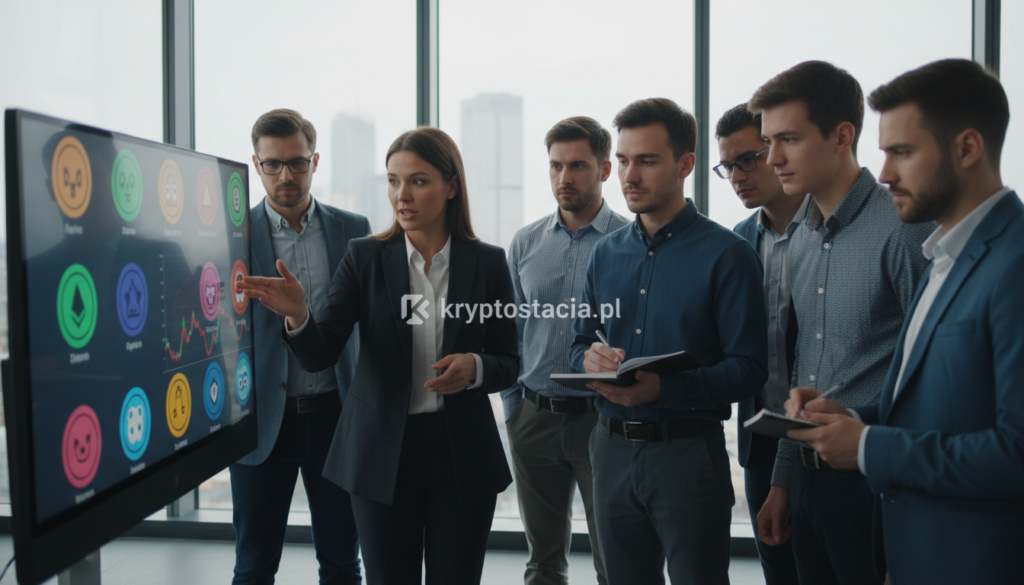 In a sleek modern office setting, a diverse group of investors is gathered around a large touchscreen display filled with colorful memetic token graphics. The foreground features a confident, professional-looking woman in business attire explaining a graph, while a focused young man, dressed in smart casual, takes notes. In the middle ground, other investors observe intently, their faces reflecting curiosity and determination. The background displays large windows with a city skyline view, casting soft, natural light that highlights the engaging atmosphere. The scene conveys a sense of seriousness and innovation, emphasizing the growing importance of meme tokens in cryptocurrency investment. A subtle logo for "kryptostacja.pl" is integrated into the display interface.