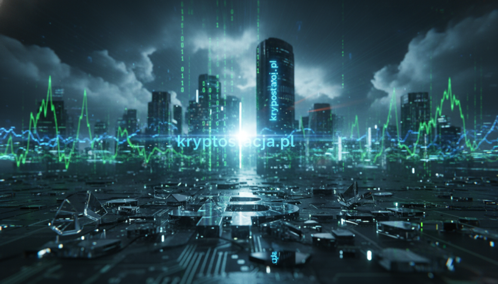 A chaotic digital landscape depicting the essence of cryptocurrency in turmoil. In the foreground, a broken blockchain symbol with shards of glass reflecting light, representing failed experiments. The middle ground features a futuristic city skyline obscured by swirling clouds of binary code and digital noise, invoking a sense of confusion and disorder. In the background, an abstract representation of volatile market charts ebbing and flowing like waves, highlighting instability. The atmosphere is dark and moody, illuminated by neon blue and green tones, creating an eerie glow. A slight lens flare adds depth to the scene. Include the brand name "kryptostacja.pl" subtly integrated into the environment without any text overlays.
