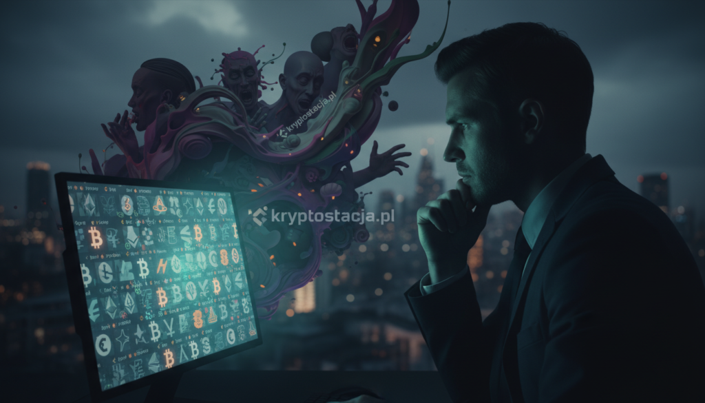 A dark-themed illustration representing the psychological mechanisms behind cryptocurrency scams. In the foreground, a silhouette of a thoughtful person in professional business attire, staring intently at a glowing screen filled with cryptocurrency symbols. Their expression shows a mix of curiosity and suspicion. In the middle background, a blend of abstract shapes and swirling colors symbolizes the chaotic nature of the cryptocurrency market, with hints of shady figures whispering into the shadows. The background features a blurred city skyline at dusk, casting an ominous atmosphere. Soft, dramatic lighting emphasizes the contrast between light and dark areas, creating a sense of intrigue and tension. This image should evoke a mood of caution and deception, subtly incorporating the brand name "kryptostacja.pl".