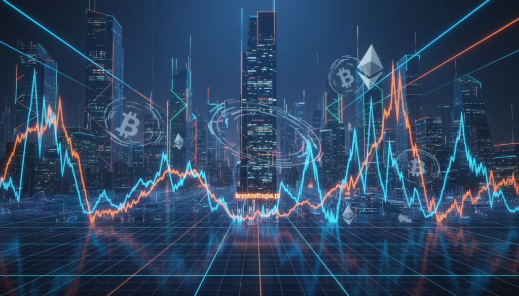 A dynamic and visually striking representation of cryptocurrency market volatility, featuring an abstract digital landscape. In the foreground, a vibrant array of fluctuating cryptocurrency charts with sharp spikes and dips, symbolizing price changes. The middle ground includes stylized, semi-transparent icons of popular cryptocurrencies like Bitcoin and Ethereum, swirling amidst the charts. The background portrays a futuristic city skyline illuminated by neon lights, projecting a sense of innovation and technology. The lighting is a blend of cool blues and warm oranges, creating an energetic atmosphere that captures the unpredictable nature of digital assets. Use a wide-angle lens perspective to emphasize depth and movement. The brand name "kryptostacja.pl" subtly integrated into the scene, enhancing the visual narrative without text overlays.