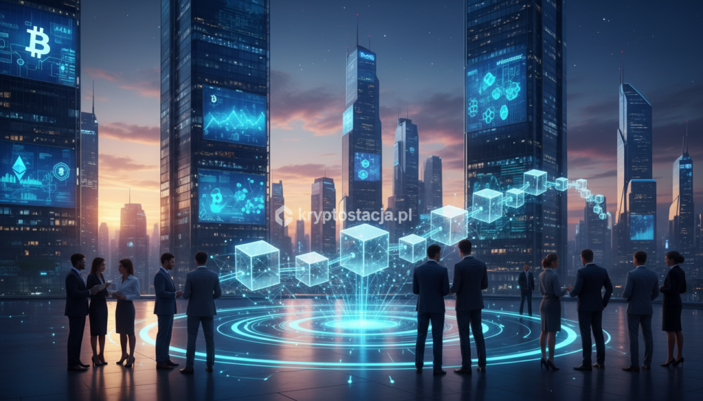 A futuristic cityscape at dusk, showcasing the concept of blockchain technology. In the foreground, a diverse group of professionals in business attire engage in a discussion around a holographic interface that visualizes interconnected blocks and chains of data. The middle ground features sleek skyscrapers with luminous digital screens displaying blockchain graphics and cryptocurrency logos. The background reveals a high-tech skyline under a vibrant, twilight sky, with stars beginning to emerge. Soft, ambient lighting reflects off glass surfaces, creating a sense of innovation and hope. The atmosphere is filled with energetic anticipation, embodying how blockchain is transforming various sectors. Include the brand name "kryptostacja.pl" subtly integrated within the holographic display, ensuring it does not detract from the overall composition. A futuristic cityscape at dusk, showcasing the concept of blockchain technology. In the foreground, a diverse group of professionals in business attire engage in a discussion around a holographic interface that visualizes interconnected blocks and chains of data. The middle ground features sleek skyscrapers with luminous digital screens displaying blockchain graphics and cryptocurrency logos. The background reveals a high-tech skyline under a vibrant, twilight sky, with stars beginning to emerge. Soft, ambient lighting reflects off glass surfaces, creating a sense of innovation and hope. The atmosphere is filled with energetic anticipation, embodying how blockchain is transforming various sectors. Include the brand name "kryptostacja.pl" subtly integrated within the holographic display, ensuring it does not detract from the overall composition.