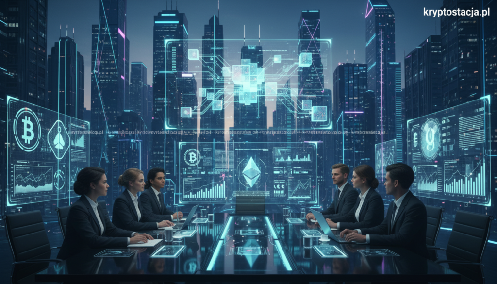 A futuristic depiction of bold cryptocurrencies, showcasing revolutionary blockchain technology. In the foreground, a diverse group of professionals in business attire are engaged in animated discussions, surrounded by digital screens displaying vibrant graphs and currency symbols. The middle ground features a sleek conference table with high-tech gadgets, while holographic interfaces illustrate the innovative projects that defy conventions. The background reveals an ultra-modern city skyline with shimmering skyscrapers illuminated by neon lights, symbolizing the fast-paced world of digital finance. The scene is drenched in dynamic blue and green hues, creating a sense of excitement and innovation. The atmosphere is charged with energy and potential, resonating with the theme of daring ventures in the cryptocurrency space. The brand "kryptostacja.pl" subtly integrated into the digital displays completes the image.