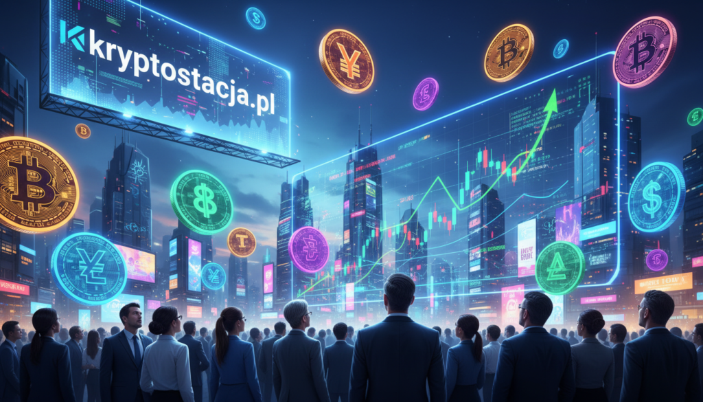 A futuristic digital landscape featuring an array of vibrant, glowing cryptocurrencies with various unique designs, prominently displaying the logo of "kryptostacja.pl". In the foreground, include a diverse group of individuals in professional business attire, gazing at a large holographic screen showing trendy cryptocurrency charts and data. The middle ground consists of futuristic city buildings with neon lights and digital billboards promoting the allure of cryptocurrencies. The background should depict a twilight sky infused with electric blues and purples, reflecting the mysterious and dynamic atmosphere of the crypto world. Use dramatic lighting to enhance the intrigue, with highlights on the cryptocurrencies to emphasize their appeal. The overall mood should be one of excitement and tension, capturing the essence of the section titled "Why Suspicious Cryptocurrencies Attract the Masses?".