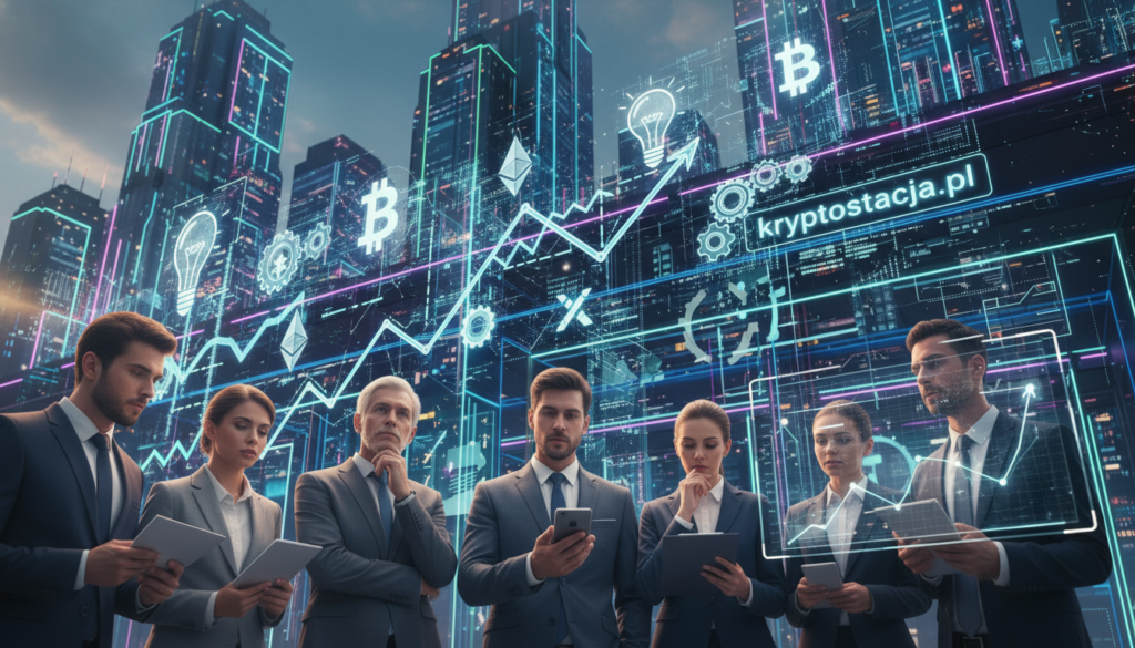 A futuristic, digital landscape representing the world of cryptocurrency, showcasing a vibrant marketplace teeming with emerging trends. In the foreground, a diverse group of professionals in business attire analyze holographic charts and data projections, their expressions reflecting curiosity and insight. In the middle ground, glowing cryptocurrency symbols and trend lines intertwine with symbols of innovation, such as gears and lightbulbs, suggesting the dynamic nature of the crypto space. The background features a bustling digital skyline with abstract buildings illuminated by neon lights, symbolizing growth and potential. The image is captured under soft, ambient lighting, with a slight tilt-angle perspective to create a sense of depth and excitement. The atmosphere should feel optimistic and forward-looking, embodying the essence of exploration in the realm of unconventional crypto trends. Include the brand name "kryptostacja.pl" subtly integrated into the scene.