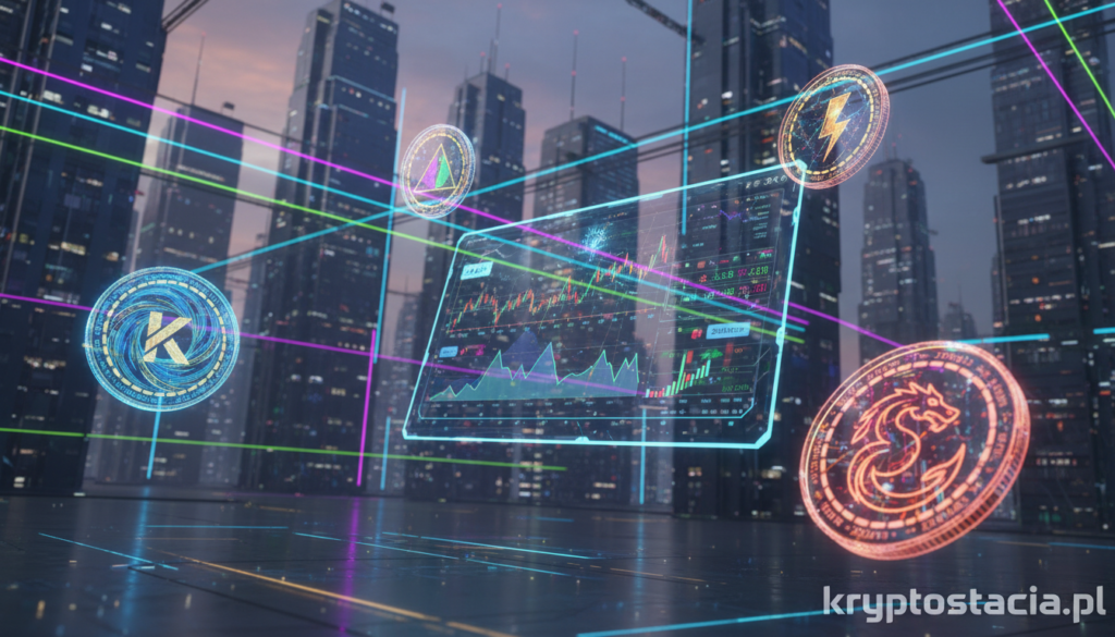 A futuristic digital landscape showcasing a vibrant scene of "kryptowaluty" with an emphasis on innovative cryptocurrencies. In the foreground, depict floating holographic coins representing various cryptocurrencies, each uniquely designed with colorful patterns and symbols. The middle ground features a sleek, modern virtual trading platform interface, with graphs and data visualizations glowing softly. The background reveals a cityscape filled with high-tech skyscrapers lit by neon lights, reflecting the energy of the crypto world. Employ soft, ambient lighting to create an inviting yet dynamic atmosphere. A slight camera tilt adds depth to the composition. The image should embody the excitement of new cryptocurrency projects, with a focus on innovation and technology, and subtly incorporate the brand "kryptostacja.pl" as a watermark in the corner.