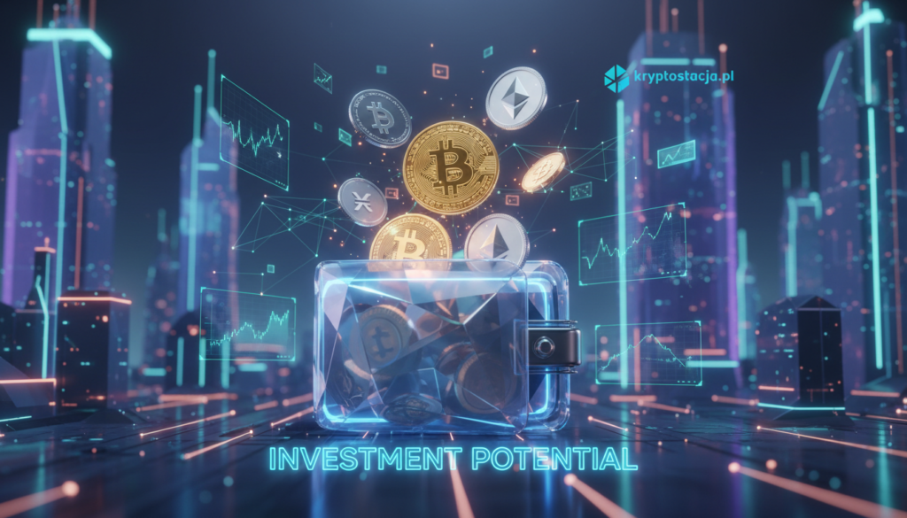 A futuristic digital landscape showcasing vibrant, colorful cryptocurrencies like Bitcoin and Ethereum floating in a virtual space. In the foreground, include a stylized digital wallet overflowing with shimmering coins, symbolizing investment potential. The middle ground features interconnected nodes and graphs, representing market trends and tech innovation. In the background, abstract, glowing skyscrapers rise up, signifying a thriving digital economy. The lighting is bright and dynamic, emphasizing a sense of excitement and opportunity. Capture the essence of modern finance with a sleek, tech-savvy atmosphere. Include the logo of kryptostacja.pl subtly integrated into the scene, ensuring it flows harmoniously with the overall design.