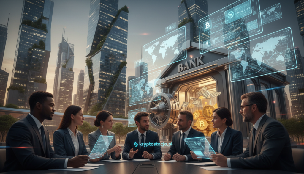 A futuristic financial district scene showcasing unconventional applications of blockchain technology in finance. In the foreground, a diverse group of professionals in business attire, including women and men of various ethnic backgrounds, are engaged in a vibrant discussion over digital tablets displaying blockchain data. The middle layer features holographic displays of transaction systems and cryptocurrencies, intertwining with traditional banking elements like vaults and coins. In the background, a modern skyline with architectural elements symbolizing innovation and security, illuminated by soft, ambient lighting at dusk. The mood is optimistic and dynamic, reflecting the transformative potential of blockchain. Include the logo or brand name "kryptostacja.pl" subtly integrated into one of the digital displays, without any overlays or text. A futuristic financial district scene showcasing unconventional applications of blockchain technology in finance. In the foreground, a diverse group of professionals in business attire, including women and men of various ethnic backgrounds, are engaged in a vibrant discussion over digital tablets displaying blockchain data. The middle layer features holographic displays of transaction systems and cryptocurrencies, intertwining with traditional banking elements like vaults and coins. In the background, a modern skyline with architectural elements symbolizing innovation and security, illuminated by soft, ambient lighting at dusk. The mood is optimistic and dynamic, reflecting the transformative potential of blockchain. Include the logo or brand name "kryptostacja.pl" subtly integrated into one of the digital displays, without any overlays or text.