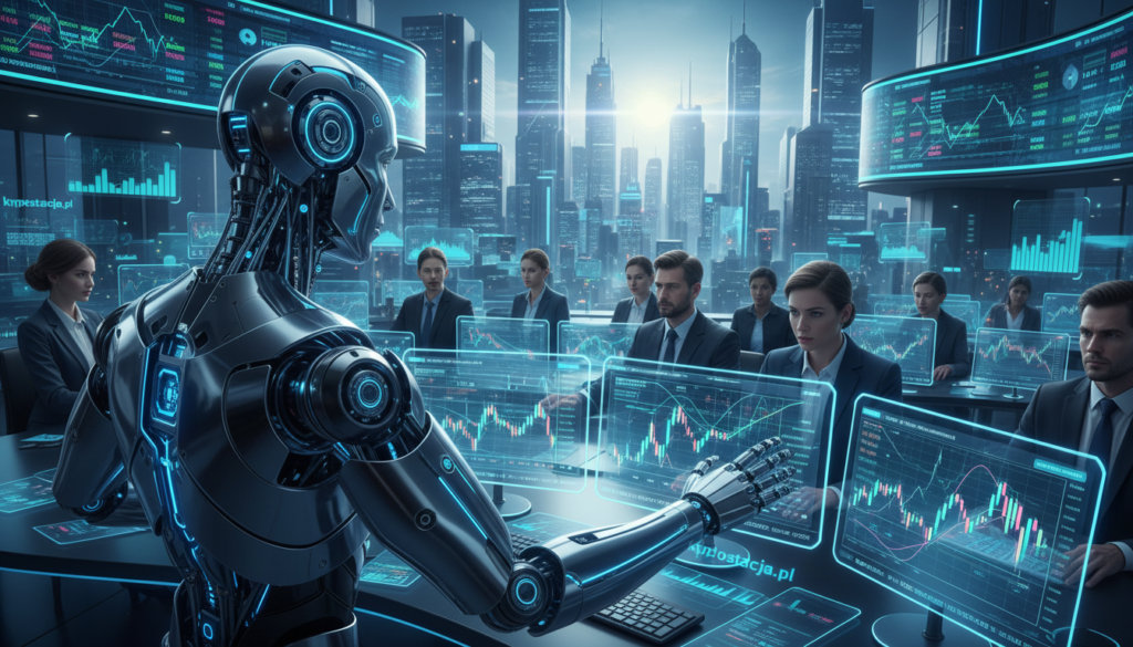 A futuristic representation of artificial intelligence in the stock market, focusing on a digital, high-tech trading environment. In the foreground, a sleek, humanoid robot with an intricate design conducts market analysis on multiple monitors, showcasing complex financial graphs and cryptocurrency data. The middle layer features a diverse team of professionals in sharp business attire, intensely focused on their screens, with expressions of determination. The background presents a luminous city skyline with digital billboards displaying crypto trends and stock market updates. The scene is illuminated with neon blue and green hues, casting an energetic and innovative atmosphere. The perspective is slightly tilted from above, giving a dynamic view of this high-stakes investment world. Include the branding "kryptostacja.pl" subtly integrated into the design as part of the digital screens.