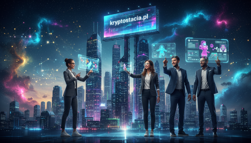 A futuristic scene showcasing a vibrant digital landscape representing the "gry blockchain". In the foreground, a group of diverse professionals in smart casual attire engage enthusiastically with holographic gaming elements, illustrating collaboration and innovation. In the middle ground, a stylized cityscape with towering structures made of luminous data streams and pixelated graphics evokes a sense of advanced technology and creativity in digital entertainment. The background features a dazzling night sky filled with colorful, swirling galaxies and interconnected lines symbolizing the blockchain network. Soft, ambient lighting casts dynamic shadows, adding depth and intrigue to the scene. The overall atmosphere is one of excitement and potential, capturing the essence of a revolution in digital entertainment. Include the brand name "kryptostacja.pl" subtly integrated into the scene.