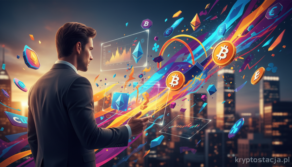 A modern, dynamic art piece illustrating the psychology of investing in unpredictable cryptocurrencies. In the foreground, a focused businessperson in professional attire examines colorful graphs and cryptocurrency symbols that hover in mid-air, representing fluctuating values. The middle ground features abstract representations of different cryptocurrencies—intricate geometric shapes and vibrant colors—creating a sense of movement and volatility. In the background, a city skyline at dusk adds depth, with soft, glowing lights symbolizing the bustling financial world. Warm ambient lighting enhances the atmosphere, suggesting opportunity and uncertainty. The scene conveys intrigue and excitement, capturing the essence of why investors are drawn to unpredictable cryptocurrencies. Branding elements subtly integrated with "kryptostacja.pl" in a minimal style, maintaining a professional appearance and avoiding distractions.