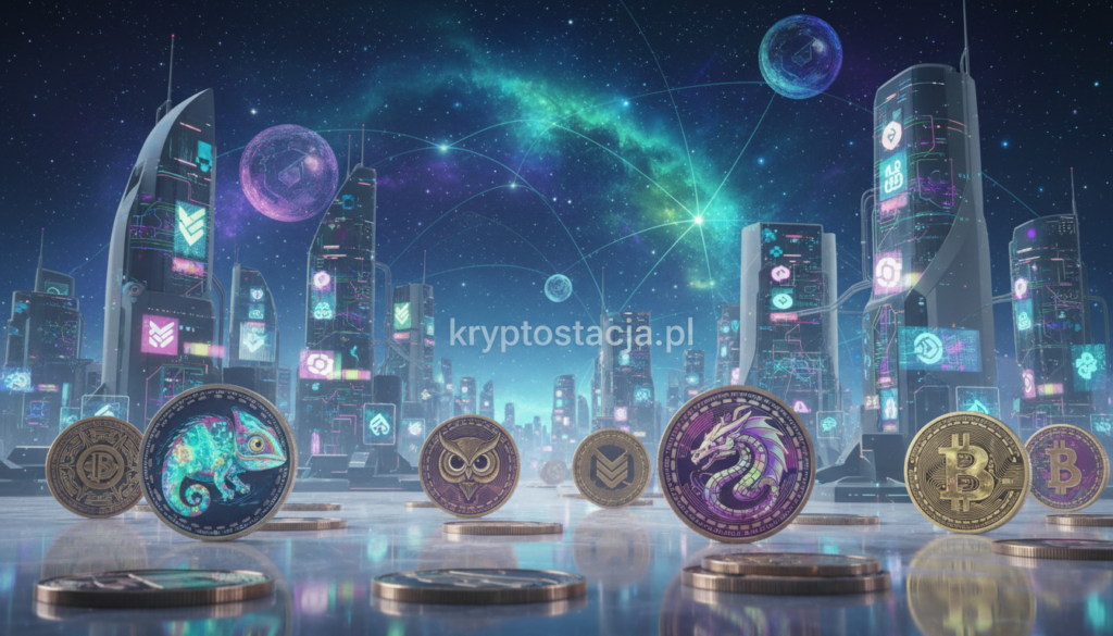 A surreal and colorful digital landscape representing "strange cryptocurrencies," featuring whimsical coin designs with intricate patterns and unusual mascots. In the foreground, vibrant coins, shaped like various animals and fantastical creatures, are scattered across a shiny, reflective surface, glimmering under soft, ambient lighting. The middle ground showcases futuristic cityscapes, with towering buildings adorned with holographic displays of cryptocurrency logos, casting vibrant reflections. The background is filled with a dreamy night sky, where abstract representations of blockchain networks connect stars, creating a celestial web. The atmosphere should be lively and imaginative, evoking curiosity about the bizarre world of digital finance. Include the brand name "kryptostacja.pl" subtly integrated into the scenery without text overlays or watermarks.