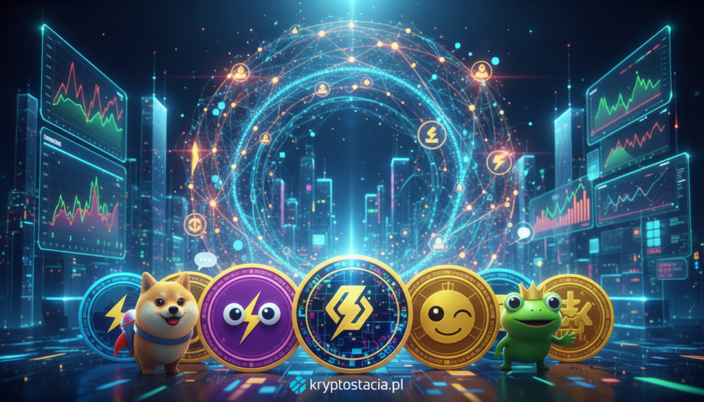 A vibrant and dynamic digital art scene illustrating "memecoin mechanizmy wiralowe" in a futuristic setting. In the foreground, depict a collection of playful, animated memecoins with unique designs and vibrant colors, expressing personalities through facial expressions. In the middle, showcase a swirling network of digital connections, symbolizing viral growth and community engagement. The background should feature an abstract representation of a bustling cryptocurrency marketplace with glowing charts and tokens, emphasizing innovation and potential. Utilize bright, energetic lighting to create a sense of excitement. The composition should evoke a mood of optimism and innovation, suitable for a tech-focused audience. Include the brand name "kryptostacja.pl" subtly integrated within the scene, ensuring it enhances the overall aesthetic without dominating the image.