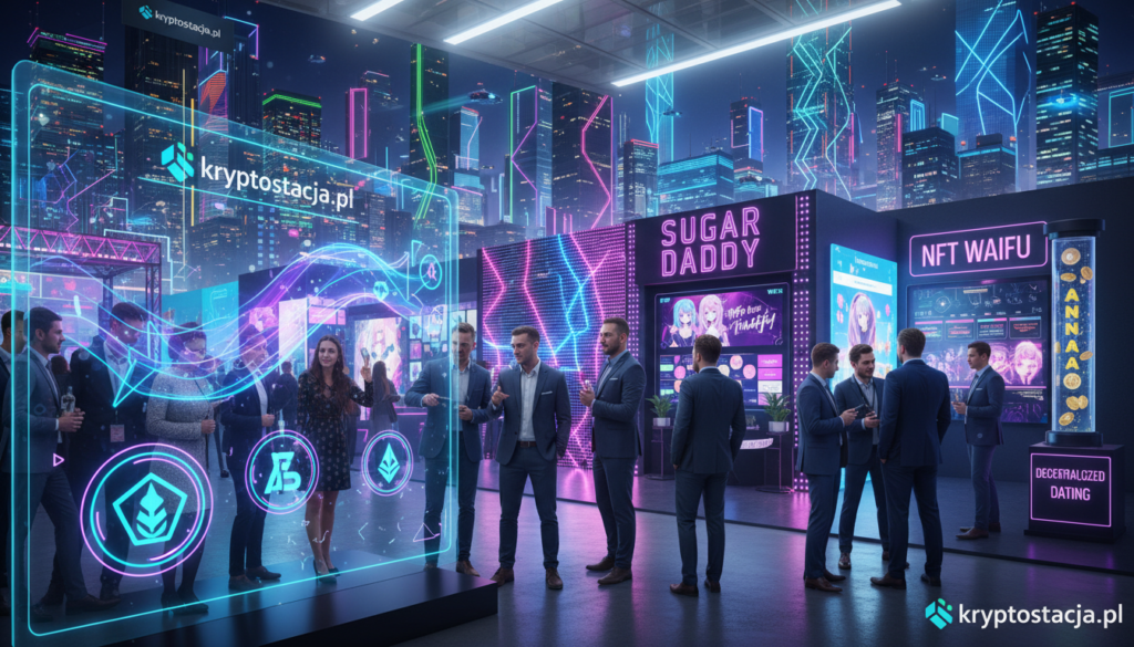 A vibrant and dynamic scene showcasing a variety of adult entertainment projects inspired by unusual cryptocurrencies, reflecting innovation and creativity. In the foreground, a diverse group of professionally dressed individuals is gathered around a sleek, modern presentation device displaying intriguing crypto graphics and prototypes. The middle ground features interactive installations and high-tech displays showcasing quirky and unconventional ideas. The background includes a futuristic city skyline illuminated by colorful neon lights, suggesting a lively atmosphere. The lighting is bright and engaging, enhancing the mood of excitement and curiosity. Capture this unique blend of technology and entertainment to illustrate the section about unusual market projects. The brand "kryptostacja.pl" subtly integrated into the ambiance, such as in the projected graphics.