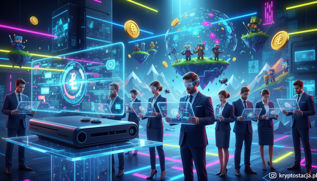 A vibrant and dynamic scene showcasing the concept of “gry blockchain” in gaming. In the foreground, a sleek gaming console with glowing, holographic displays of digital assets and animated blockchain transactions, symbolizing innovation and creativity. The middle ground features diverse gamers, dressed in professional business attire, intensely engaged with their screens, surrounded by futuristic gadgets. In the background, a colorful world blending virtual landscapes and blockchain motifs, with digital coins floating in the air and pixelated characters representing different game genres. Use bright, neon colors with dramatic lighting to create an energetic atmosphere. The entire scene should evoke excitement and originality, reflecting the cutting-edge fusion of gaming and blockchain technology. Include "kryptostacja.pl" subtly integrated into the environment to maintain relevance without distracting from the main visual elements.