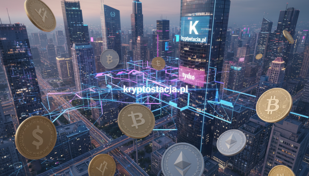 A vibrant and modern depiction of the cryptocurrency world, featuring futuristic digital assets floating in the foreground. Highlight golden and silver coins symbolizing various cryptocurrencies, glimmering with reflections of light. In the middle, include abstract representations of blockchain technology with luminescent lines and nodes connecting the digital coins. The background showcases a high-tech cityscape at dusk, with skyscrapers lit up in neon colors, conveying a sense of innovation and progress. Use soft, dynamic lighting to create an ethereal, optimistic atmosphere. The lens should provide a slightly bird's-eye view to emphasize the vastness of the digital landscape. Incorporate the brand name "kryptostacja.pl" subtly into the scene as part of a digital billboard in the city background, ensuring it blends harmoniously with the futuristic theme.