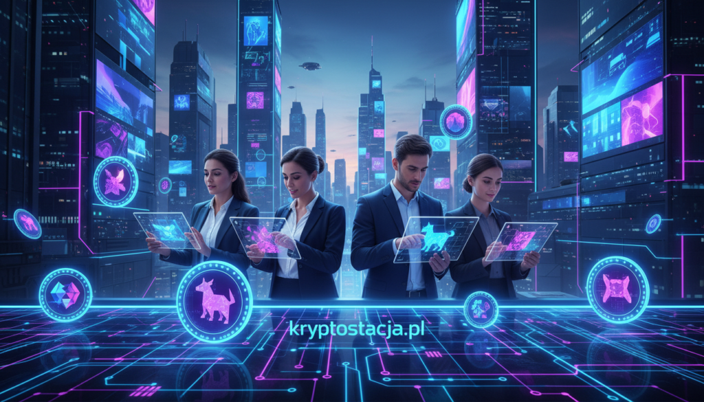 A vibrant, digital art piece depicting the concept of unique NFTs as a type of token. In the foreground, feature a visually striking representation of a blockchain network, with bold, neon-colored tokens floating amidst glowing circuits. In the middle ground, illustrate diverse people in professional business attire engaging with digital devices displaying NFT art pieces, their expressions reflecting curiosity and excitement. The background should showcase a futuristic city skyline illuminated by digital billboards, emphasizing a blend of technology and creativity. Use dynamic lighting to create an energetic atmosphere, with a focus on blue and purple hues. The style should be modern and sleek, encapsulating the essence of innovation in the NFT space. Include the brand name "kryptostacja.pl" subtly integrated into the scene.