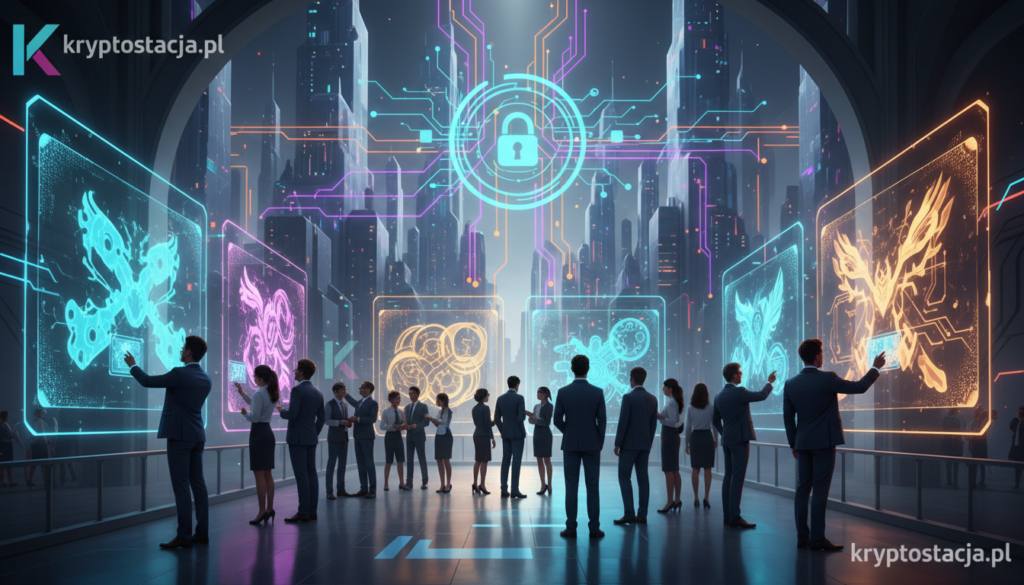 A vibrant digital art piece showcasing the fusion of NFT technology in the realms of art and gaming. In the foreground, a sleek, futuristic art gallery filled with holographic artworks displaying unique NFTs, glowing softly in various colors. The middle ground features a diverse group of people, dressed in professional business attire, engaging with interactive screens that showcase digital collectibles. In the background, a stylized cityscape with neon lights represents the digital marketplace, symbolizing the ever-evolving future of technology. Soft ambient lighting creates a welcoming atmosphere, capturing the innovative spirit of digital art and gaming. The image subtly incorporates the brand "kryptostacja.pl" in the design elements without text overlays, ensuring a polished, professional aesthetic.