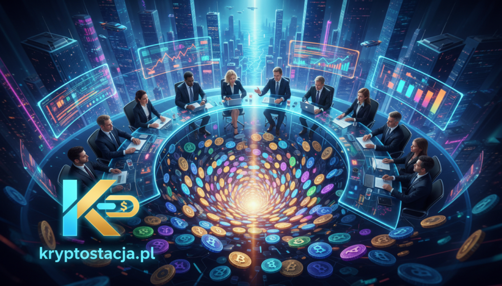 A vibrant digital art representation of the "cryptocurrency phenomenon", showcasing the evolution of innovative ideas into successful digital currencies. In the foreground, a bold, modern cryptocurrency logo floats above a swirling vortex of colorful, glowing coins. In the middle, diverse professionals, dressed in business attire, collaborate at sleek, futuristic desks surrounded by holographic displays of blockchain data and graphs. In the background, a city skyline illuminated by neon lights symbolizes technological advancement and economic growth. The scene is enriched with dynamic lighting effects that create an atmosphere of excitement and possibility. Capture this imagery with a high-angle view to encompass the bustling activity of the cryptocurrency world, emphasizing the essence of "kryptostacja.pl".