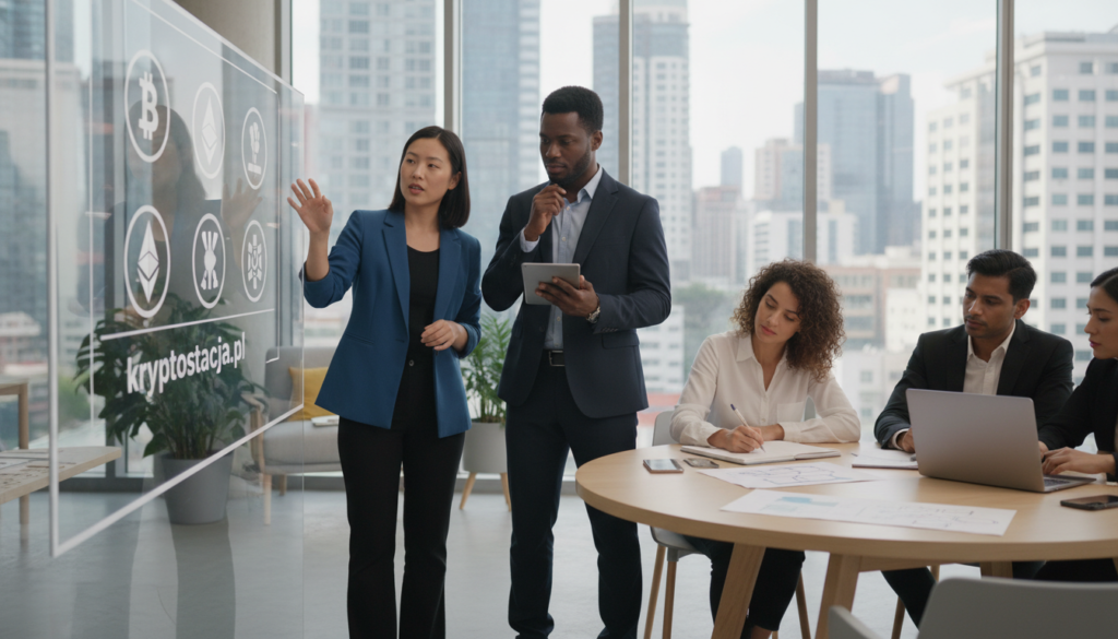 A vibrant scene depicting a diverse group of professionals engaged in a dynamic discussion about cryptocurrency projects. In the foreground, an Asian woman in a smart casual outfit points at a digital screen displaying various cryptocurrency logos, while a Black man in business attire listens intently, holding a tablet. The middle ground features a round table with papers and digital devices, where a Hispanic woman is sketching ideas. The background showcases an urban office with large windows, letting in natural light that creates a warm, inviting atmosphere. The overall mood is one of collaboration and innovation, symbolizing the success of unconventional projects. Subtly integrate the brand name "kryptostacja.pl" into the digital screen graphics.