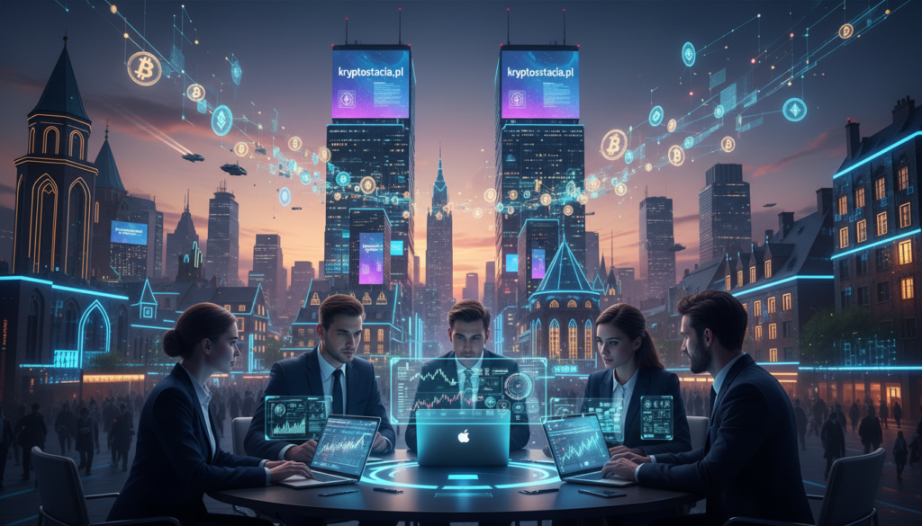A futuristic cityscape representing the Polish cryptocurrency scene, showcasing vibrant digital billboards featuring the brand "kryptostacja.pl." In the foreground, a diverse group of professionals in smart business attire discusses digital currencies, with laptops and holographic displays illuminating their focused expressions. The middle ground illustrates iconic Polish architecture, reimagined with neon elements and blockchain motifs, while a network of glowing cryptocurrencies weaves above them like a digital aurora. The background features a twilight sky, casting a warm glow on the city, enhancing the technological atmosphere. The image should convey a sense of innovation and transformation, capturing the excitement of significant changes in the Polish cryptocurrency market. High dynamic range lighting, wide-angle perspective, and a vibrant color palette will create an engaging visual experience.